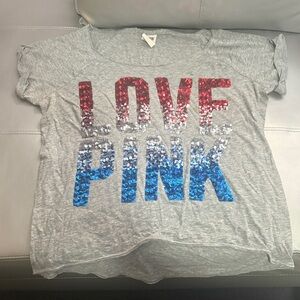 PINK Victoria's Secret Gray Tee with Red and Blue Sequins
